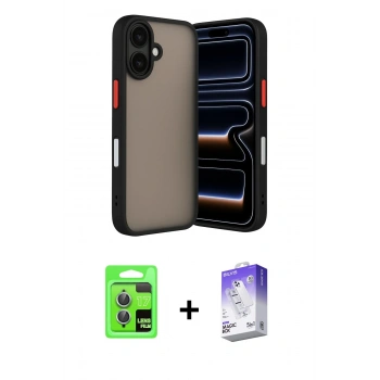 MARSİLYAN™- iPhone 17 Kılıf Ahenk Çizgi Serisi - Siyah Bilvis 5in1 3D Magic Cam Ekran Koruyucu + Raze Metal Kamera Lens - AKMI