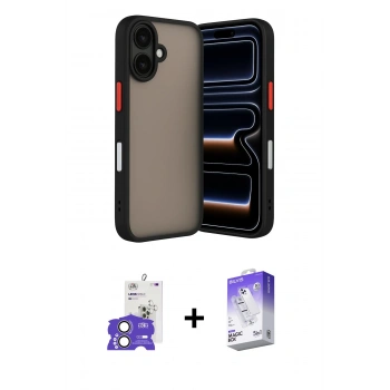 MARSİLYAN™- iPhone 17 Kılıf Ahenk Çizgi Serisi - Siyah Bilvis 5in1 3D Magic Cam Ekran Koruyucu + Bilvis Titan Kamera Lens - AKYL