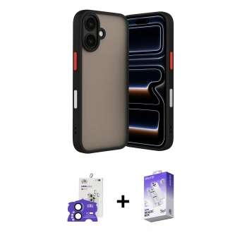 MARSİLYAN™- iPhone 17 Kılıf Ahenk Çizgi Serisi - Siyah Bilvis 5in1 3D Magic Cam Ekran Koruyucu + Bilvis Titan Kamera Lens - SH