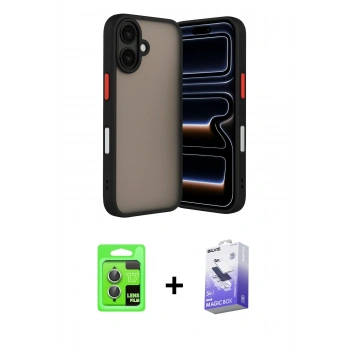 MARSİLYAN™- iPhone 17 Kılıf Ahenk Çizgi Serisi - Siyah Bilvis 5in1 5D Magic Hayalet Cam Ekran Koruyucu + Raze Metal Kamera Lens - AKYL