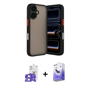 MARSİLYAN™- iPhone 17 Kılıf Ahenk Çizgi Serisi - Siyah Bilvis 5in1 5D Magic Hayalet Cam Ekran Koruyucu + Bilvis Titan Kamera Lens - LA