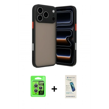 MARSİLYAN™- iPhone 17 Pro Kılıf Ahenk Çizgi Serisi - Şeffaf Pasifik Cam Ekran Koruyucu + Raze Metal Kamera Lens - GS