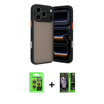 MARSİLYAN™- iPhone 17 Pro Kılıf Ahenk Çizgi Serisi - Siyah 360 Mat Full Body Arka Koruyucu + Raze Metal Kamera Lens - TU