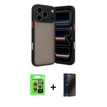 MARSİLYAN™- iPhone 17 Pro Kılıf Ahenk Çizgi Serisi - Siyah 3D Antistatik Hayalet Cam Ekran Koruyucu + Raze Metal Kamera Lens - TU