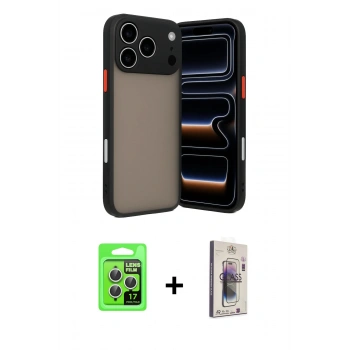 MARSİLYAN™- iPhone 17 Pro Kılıf Ahenk Çizgi Serisi - Siyah Bilvis 3D Cam Ekran Koruyucu + Raze Metal Kamera Lens - GS