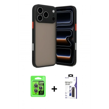 MARSİLYAN™- iPhone 17 Pro Kılıf Ahenk Çizgi Serisi - Siyah Bilvis 3X AR Hayalet Cam Ekran Koruyucu + Raze Metal Kamera Lens - GI