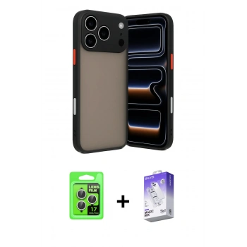 MARSİLYAN™- iPhone 17 Pro Kılıf Ahenk Çizgi Serisi - Siyah Bilvis 5in1 3D Magic Cam Ekran Koruyucu + Raze Metal Kamera Lens - GS