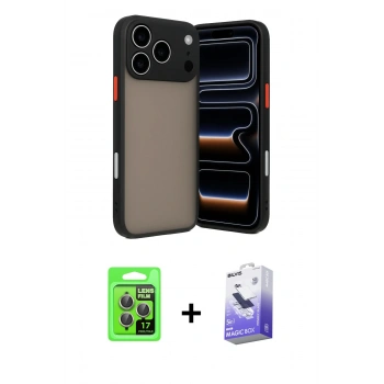 MARSİLYAN™- iPhone 17 Pro Kılıf Ahenk Çizgi Serisi - Siyah Bilvis 5in1 5D Magic Hayalet Cam Ekran Koruyucu + Raze Metal Kamera Lens - GI