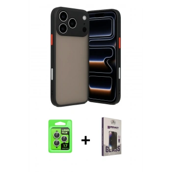 MARSİLYAN™- iPhone 17 Pro Kılıf Ahenk Çizgi Serisi - Siyah Bilvis Hayalet Cam Ekran Koruyucu + Raze Metal Kamera Lens - GS