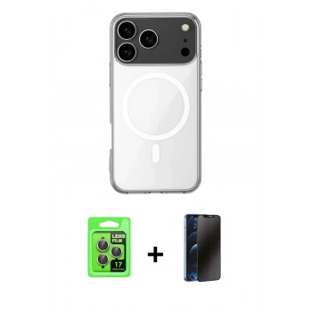MARSİLYAN™- iPhone 17 Pro Kılıf Ahenk Yansıma Prime - Siyah 3D Antistatik Hayalet Cam Ekran Koruyucu + Raze Metal Kamera Lens - GI
