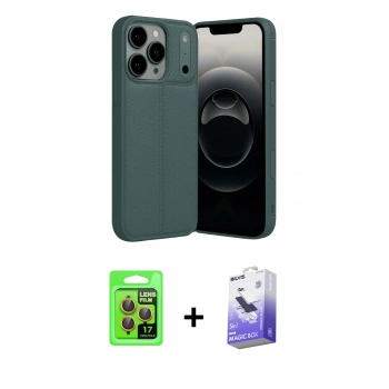 MARSİLYAN™- iPhone 17 Pro Kılıf Doruk Klasik Özel Seri - Siyah Bilvis 5in1 5D Magic Hayalet Cam Ekran Koruyucu + Raze Metal Kamera Lens - TU