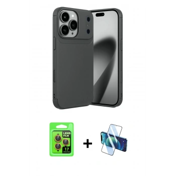 MARSİLYAN™- iPhone 17 Pro Kılıf Eksen Form Prime - Siyah 3D Antistatik Cam Ekran Koruyucu + Raze Metal Kamera Lens - TU