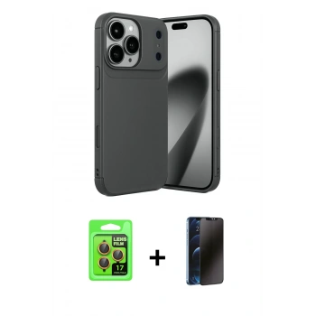 MARSİLYAN™- iPhone 17 Pro Kılıf Eksen Form Prime - Siyah 3D Antistatik Hayalet Cam Ekran Koruyucu + Raze Metal Kamera Lens - TU