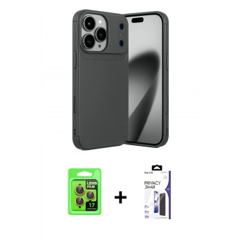 MARSİLYAN™- iPhone 17 Pro Kılıf Eksen Form Prime - Siyah Bilvis 3X AR Hayalet Cam Ekran Koruyucu + Raze Metal Kamera Lens - TU
