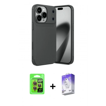 MARSİLYAN™- iPhone 17 Pro Kılıf Eksen Form Prime - Siyah Bilvis 5in1 3D Magic Cam Ekran Koruyucu + Raze Metal Kamera Lens - TU