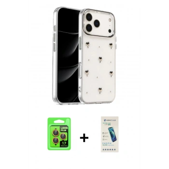 MARSİLYAN™- iPhone 17 Pro Kılıf Yörünge Form - Şeffaf Pasifik Cam Ekran Koruyucu + Raze Metal Kamera Lens - TU