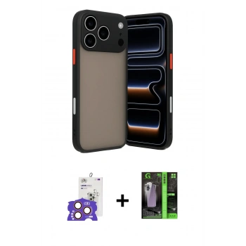 MARSİLYAN™- iPhone 17 Pro Max Kılıf Ahenk Çizgi Serisi - Siyah 360 Mat Full Body Arka Koruyucu + Bilvis Titan Kamera Lens - TU