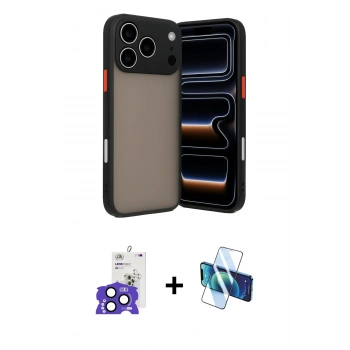MARSİLYAN™- iPhone 17 Pro Max Kılıf Ahenk Çizgi Serisi - Siyah 3D Antistatik Cam Ekran Koruyucu + Bilvis Titan Kamera Lens - LT