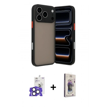 MARSİLYAN™- iPhone 17 Pro Max Kılıf Ahenk Çizgi Serisi - Siyah Bilvis 3D Cam Ekran Koruyucu + Bilvis Titan Kamera Lens - NLGY