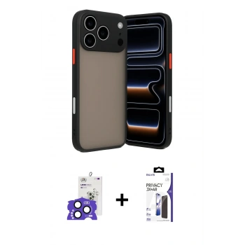 MARSİLYAN™- iPhone 17 Pro Max Kılıf Ahenk Çizgi Serisi - Siyah Bilvis 3X AR Hayalet Cam Ekran Koruyucu + Bilvis Titan Kamera Lens - LT