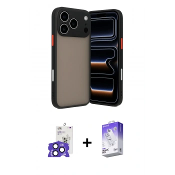 MARSİLYAN™- iPhone 17 Pro Max Kılıf Ahenk Çizgi Serisi - Siyah Bilvis 5in1 3D Magic Cam Ekran Koruyucu + Bilvis Titan Kamera Lens - LT