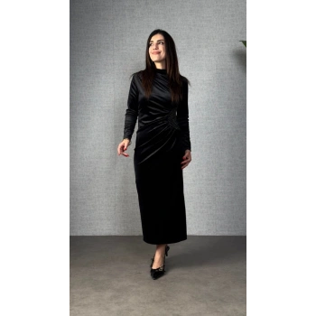 MARSiLYAN- Kadı Uzun Kollu Omuzdan Büzgülü Yandan Taş Detaylı Uzun Kadife Elbise