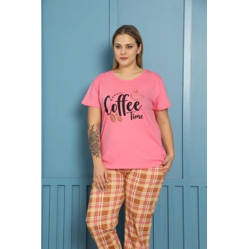 MARSiLYAN- Kadın %100 Pamuk Kısa Kol Büyük Beden Pijama Takım Pembe