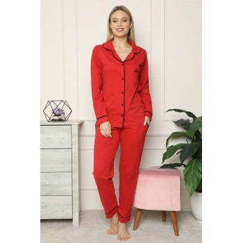 MARSiLYAN- Kadın %100 Pamuk Penye Önden Düğmeli Uzun Kol Pijama Takım Kırmızı
