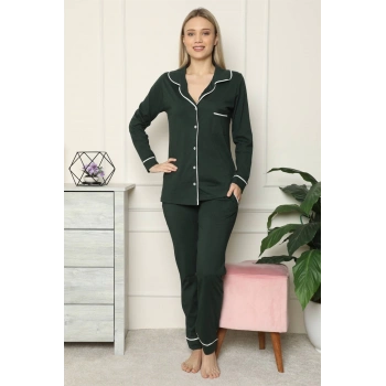 MARSiLYAN- Kadın %100 Pamuk Penye Önden Düğmeli Uzun Kol Pijama Takım Yeşil