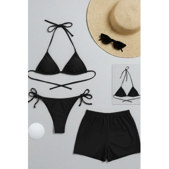 MARSiLYAN- Kadın 3lü Set Siyah Şortlu ve Yandan Bağlamalı Bikini Mayo Takımı
