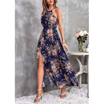 MARSiLYAN- Kadın Açık Omuz Halter Yaka Beli Lastikli Büzgü Detay önden Yırtmaçlı çiçek Desenli Süprem Elbise