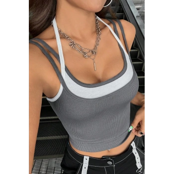 MARSiLYAN- Kadın Antrasit Gri Beyaz Çift Renk Çapraz Askılı Crop Top Bluz