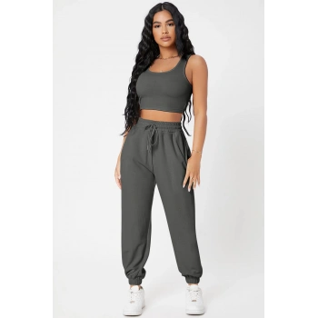 MARSiLYAN- Kadın Antrasit Gri Kaşkorse Cepli Jogger Eşofman Altı ve Crop Top Bluz