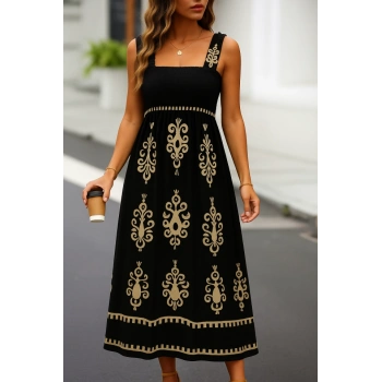 MARSiLYAN- Kadın Askılı Kare Yaka Gipe Detaylı Desenli Suprem Elbise