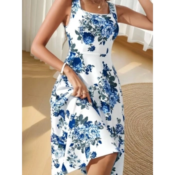 MARSiLYAN- Kadın Askılı Kare Yakalı çiçek Desenli Midi Dalgıç Elbise