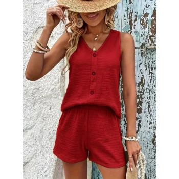 MARSiLYAN- Kadın Askılı Kolsuz V Yakalı önden Düğmeli Bürümcük Bluz Ve Short Ikili Takım