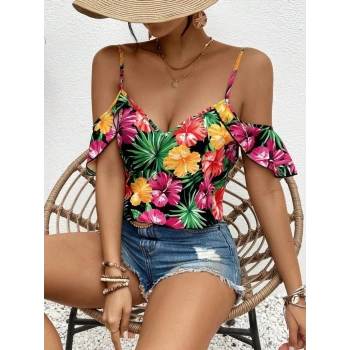 MARSiLYAN- Kadın Askılı Omuzlardan Açık çiçek Baskılı Bluz