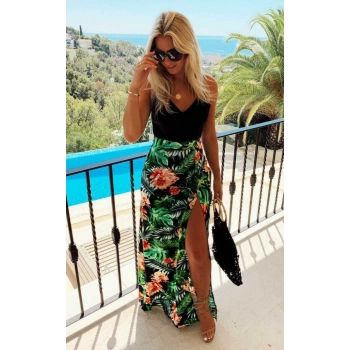 MARSiLYAN- Kadın Askılı V Yaka Eteği Dijital Baskılı çiçek Desenli Yırtmaçlı Mikro Kumaş Elbise