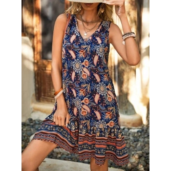 MARSiLYAN- Kadın Askılı V Yakalı Fırfırlı Desenli Süprem Kısa Elbise