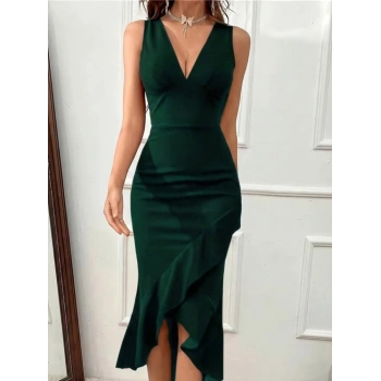 MARSiLYAN- Kadın Askılı V Yakalı önden Fırfırlı Uzun Ithal Krep Elbise