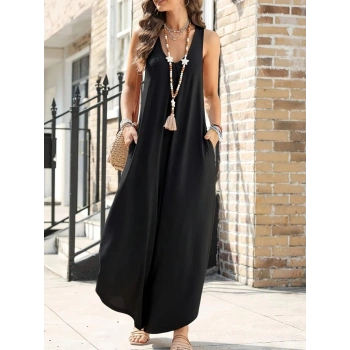 MARSiLYAN- Kadın Askılı Yuvarlak Yaka Cepli Salaş Uzun Viskon Tulum