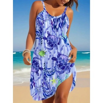 MARSiLYAN- Kadın Askılı Yuvarlak Yaka Kaplumbağa Desenli Süprem Elbise