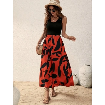 MARSiLYAN- Kadın Askılı Yuvarlak Yaka üst Viskon Alt Desenli Uzun Süprem Elbise