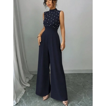 MARSiLYAN- Kadın Balıkçı Yaka Kolsuz Incili Beli Kuşaklı Uzun Janjan Tulum