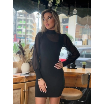 MARSiLYAN- Kadın Balıkçı Yaka Transparan Detay Fırsat ürün Sandy Kumaş Mini Elbise