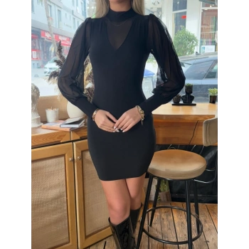 MARSiLYAN- Kadın Balıkçı Yaka Transparan Detay Fırsat ürün Sandy Kumaş Mini Elbise