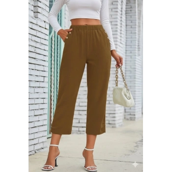 MARSiLYAN- Kadın Beli Lastikli Düğme Ve Cep Detaylı Kapri Ithal Keten Pantolon