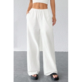 MARSiLYAN- Kadın Beyaz Bol Kesim Cepli Geniş Paça Dökümlü Pantolon