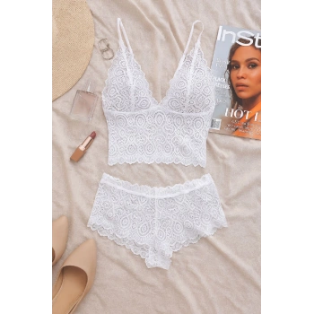 MARSiLYAN- Kadın Beyaz Dantel Bralet Şort Takımı – Romantik ve Zarif İç Giyim