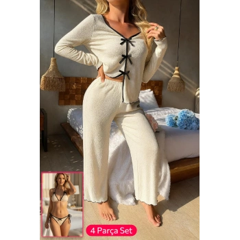 MARSiLYAN- Kadın Beyaz Fiyonklu İç Çamaşırı ve Uzun Kollu V Yaka Pijama Takımı 4lü Set